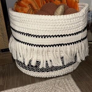 Fringed White and Black Woven Basket
